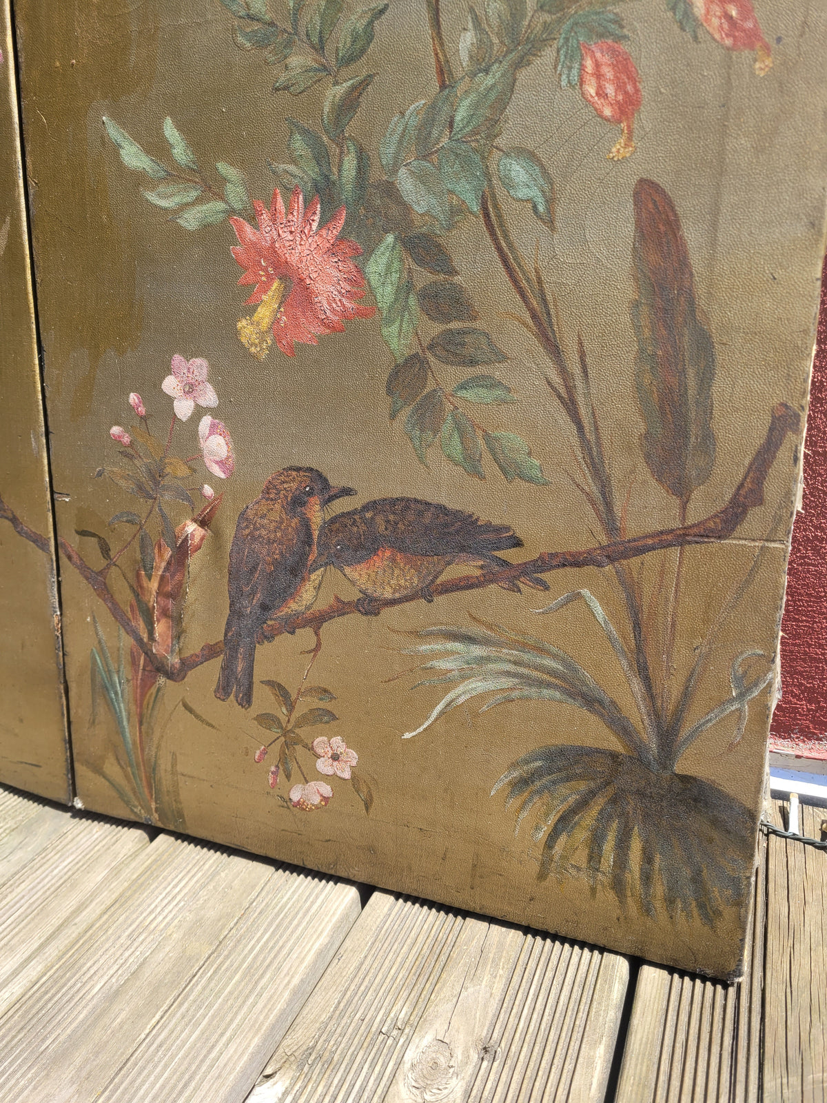 Paravent ancien peint à la main motifs oiseaux - Ref 1235