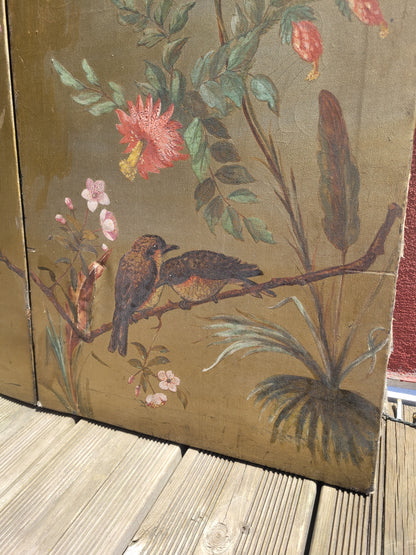 Paravent ancien peint à la main motifs oiseaux - Ref 1235