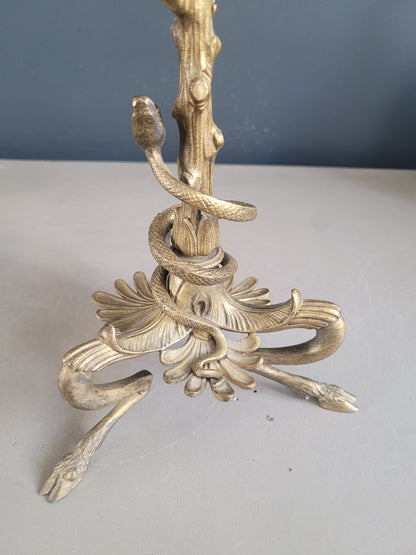 Bougeoir tripode en bronze doré serpent et souris - Ref 406