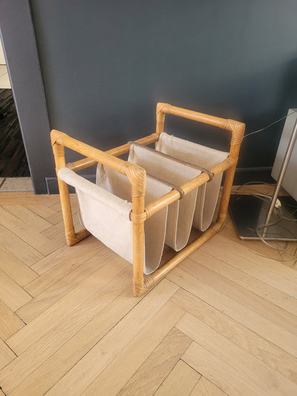 Porte-revues vintage en bambou, rotin et toile - Ref 687