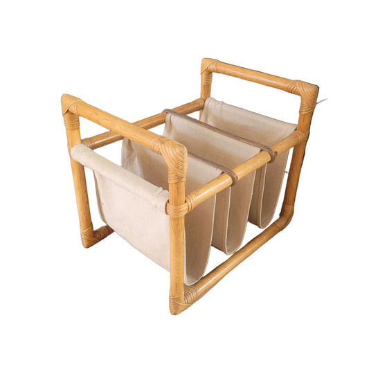 Porte-revues vintage en bambou, rotin et toile - Ref 687