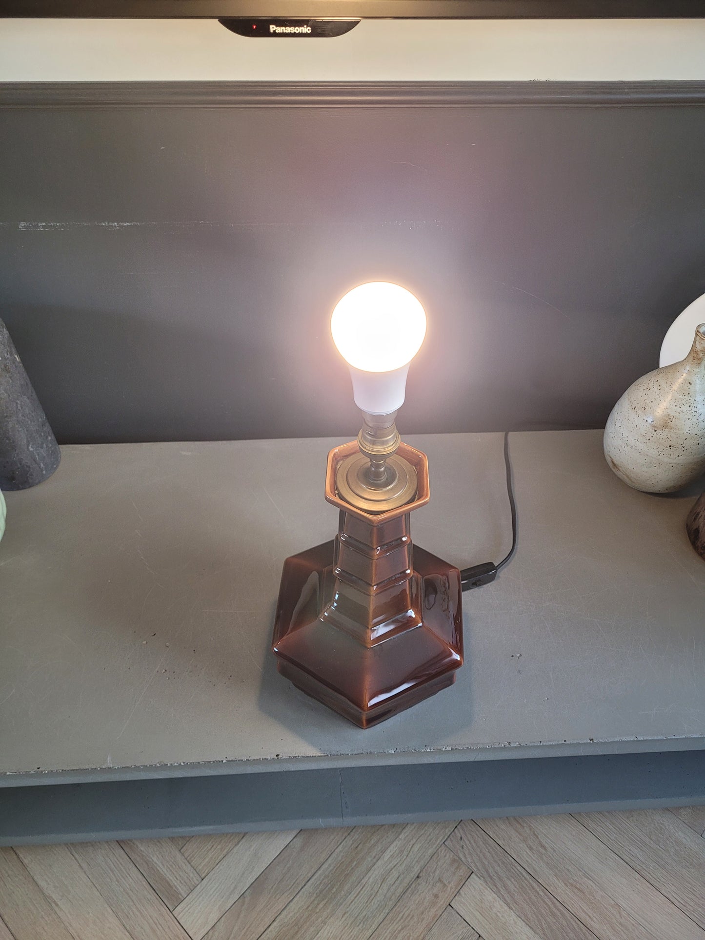Pied de lampe vintage en céramique marron - Ref 883