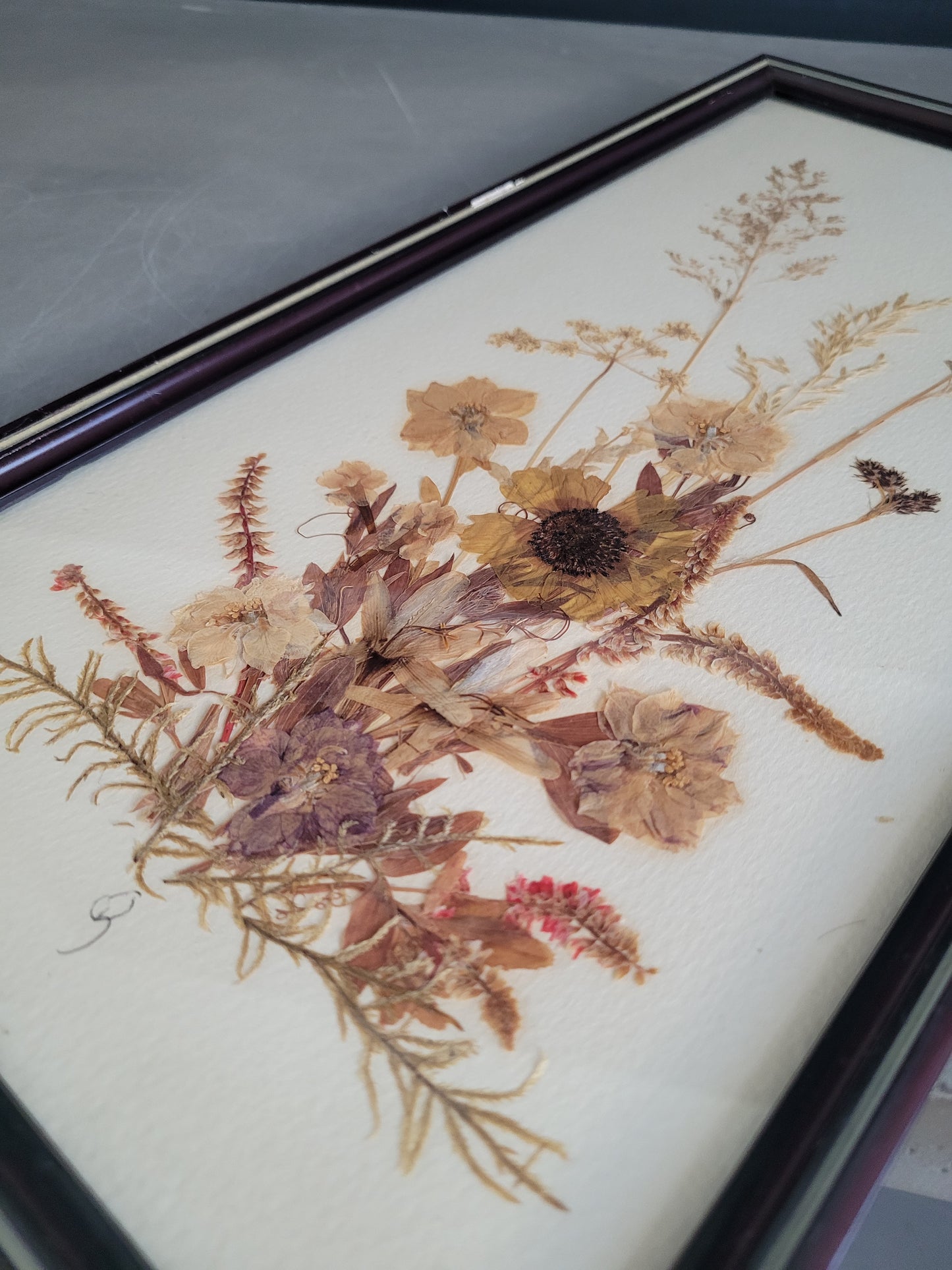 Tableau composition florale, fleurs séchées vintage - Ref 608