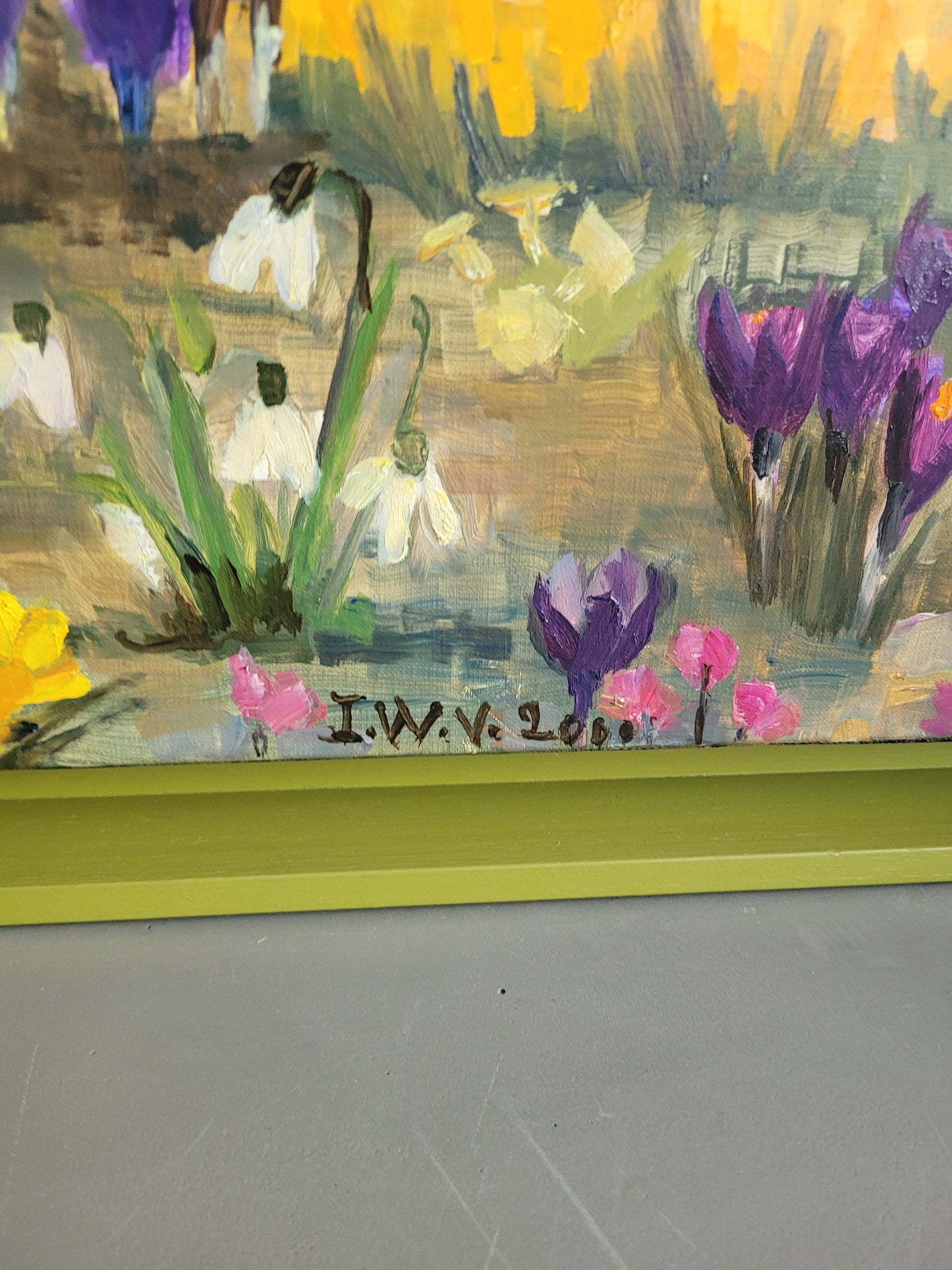 Tableau "Notre jardin" par I. Wyss-Villard, 2000 - huile sur toile cadre américain- Ref 871