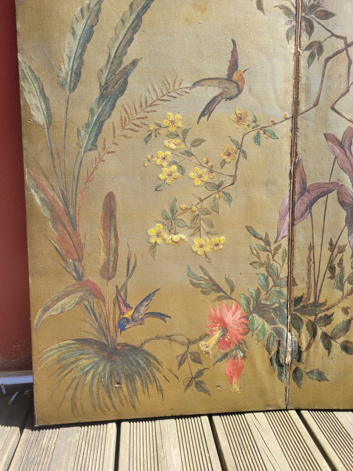 Paravent ancien peint à la main motifs oiseaux - Ref 1235