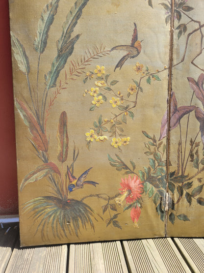Paravent ancien peint à la main motifs oiseaux - Ref 1235