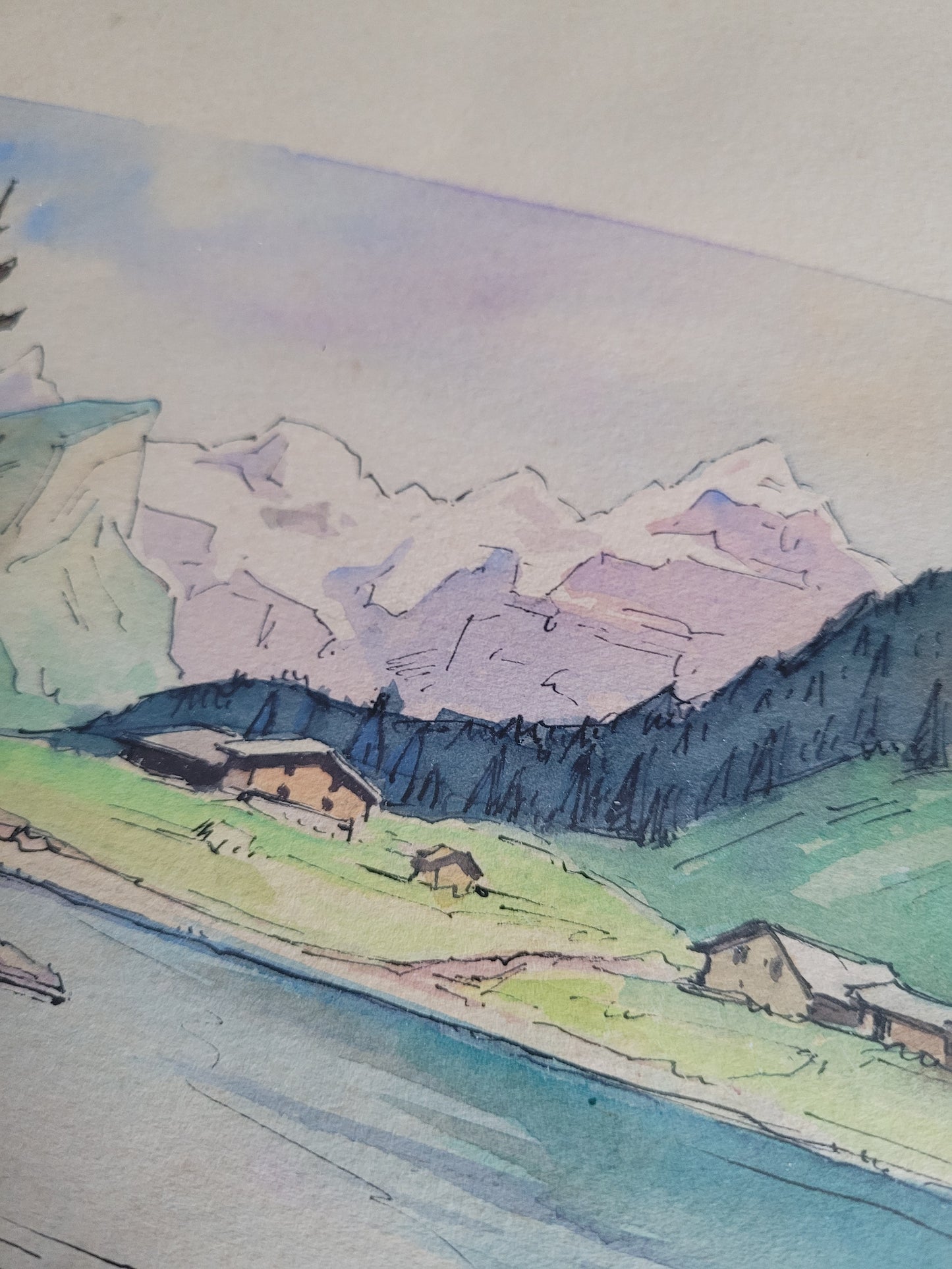 Tableau aquarelle paysage de montagne signé - Ref 384