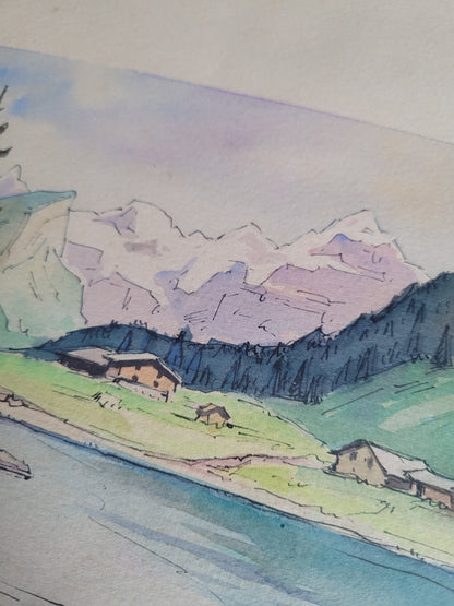 Tableau aquarelle paysage de montagne signé - Ref 384
