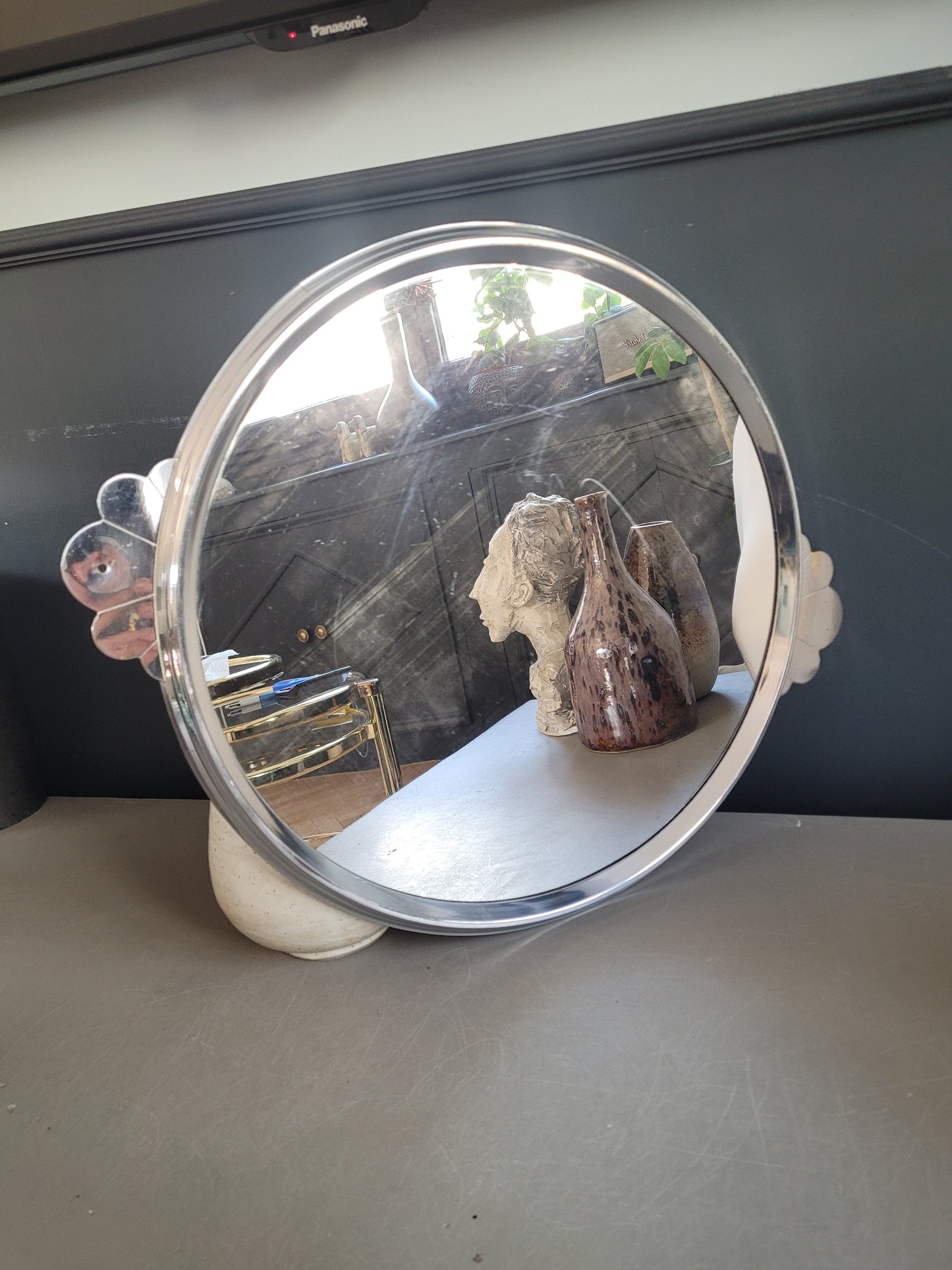 Plateau miroir en métal argenté vintage - Ref 693