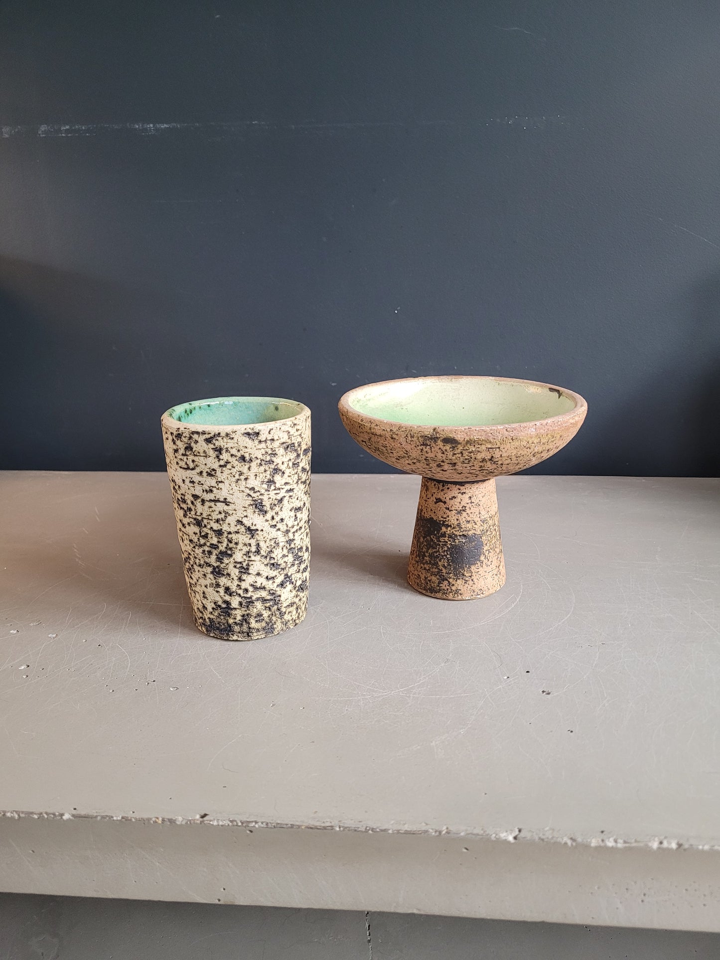 Ensemble vase + bougeoir en céramique brutaliste - Ref 894