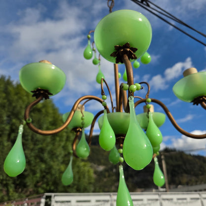 Lustre italien 5 feux en verre opalin vert à l'uranium - ouraline - Ref 1424