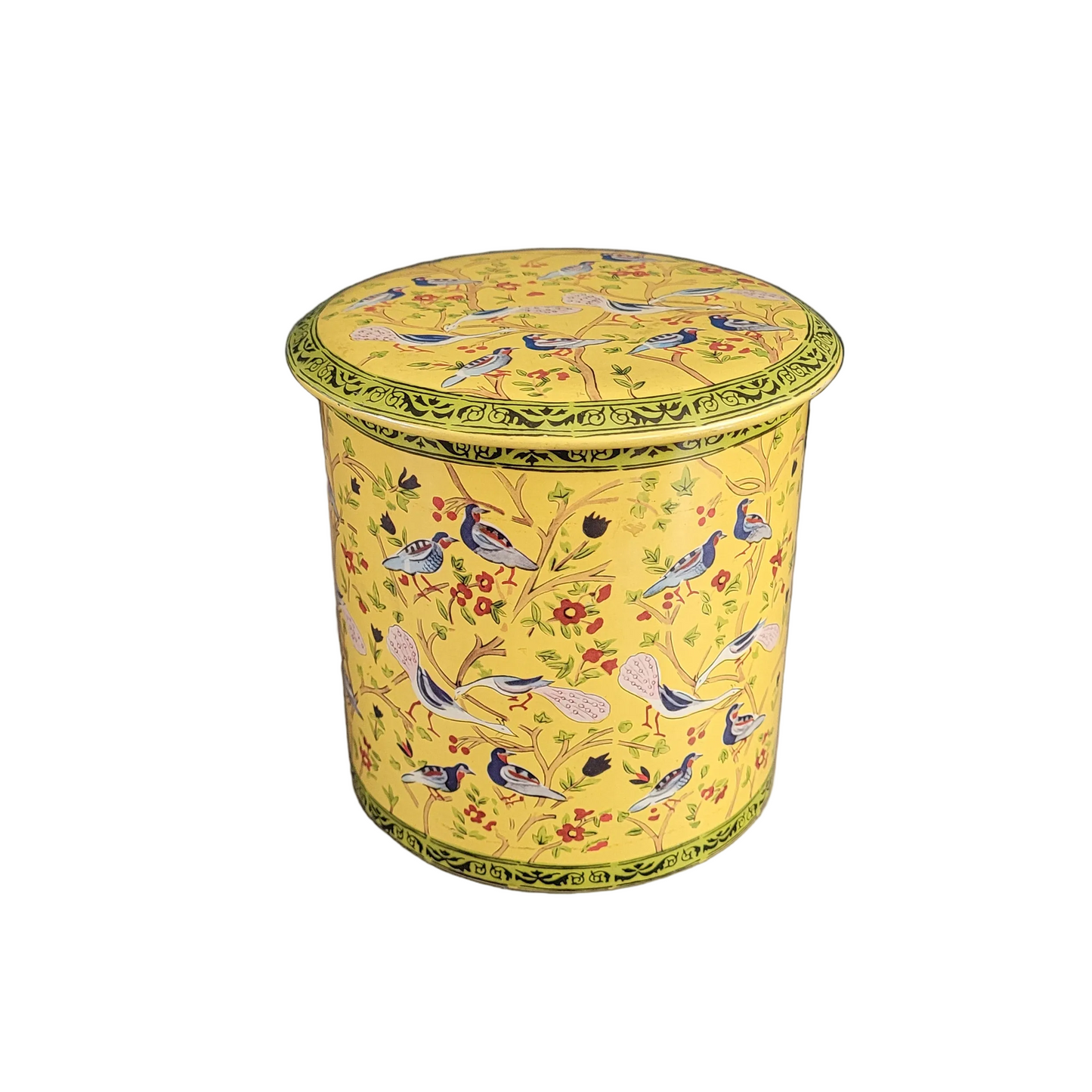 Boîte cylindrique en fer blanc- Oiseaux sur fond jaune- Ref 758