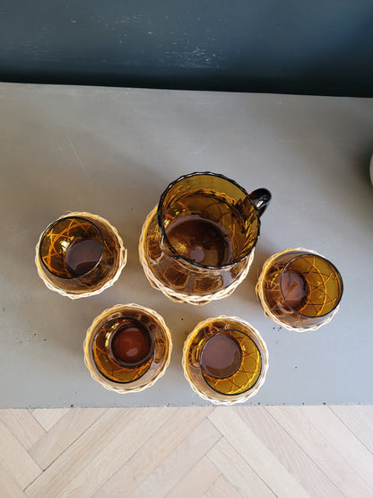 Service à orangeade en verre ambré et osier - Ref 809