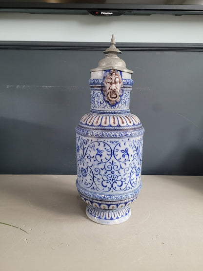 Grande chope à bière ou pichet en grès émaillé au sel et couvercle en étain - Ref 952