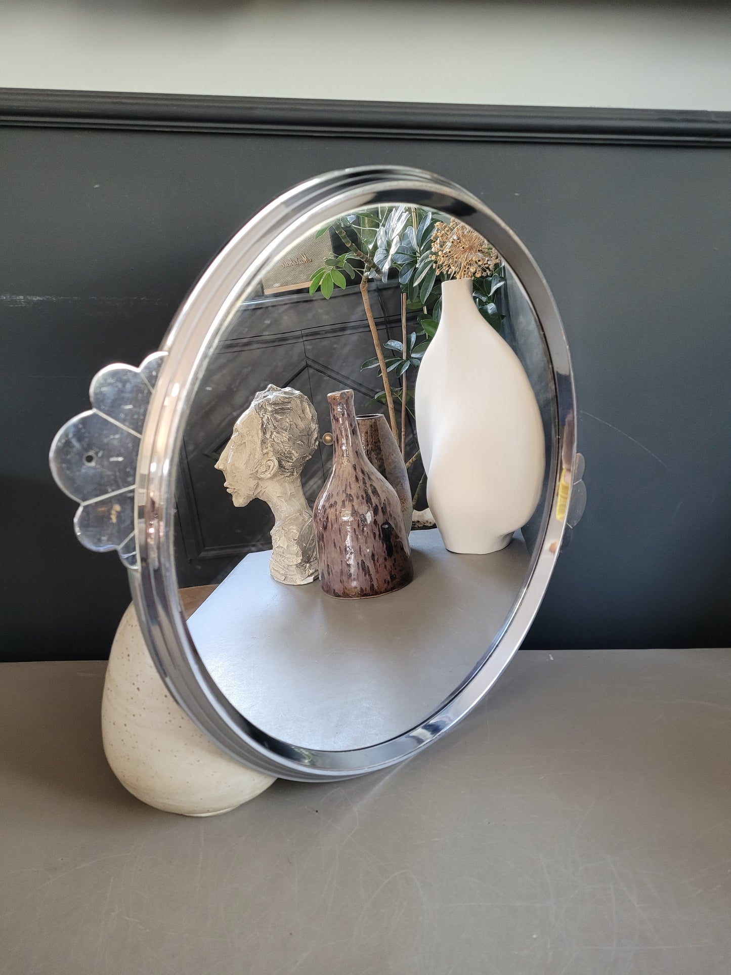 Plateau miroir en métal argenté vintage - Ref 693