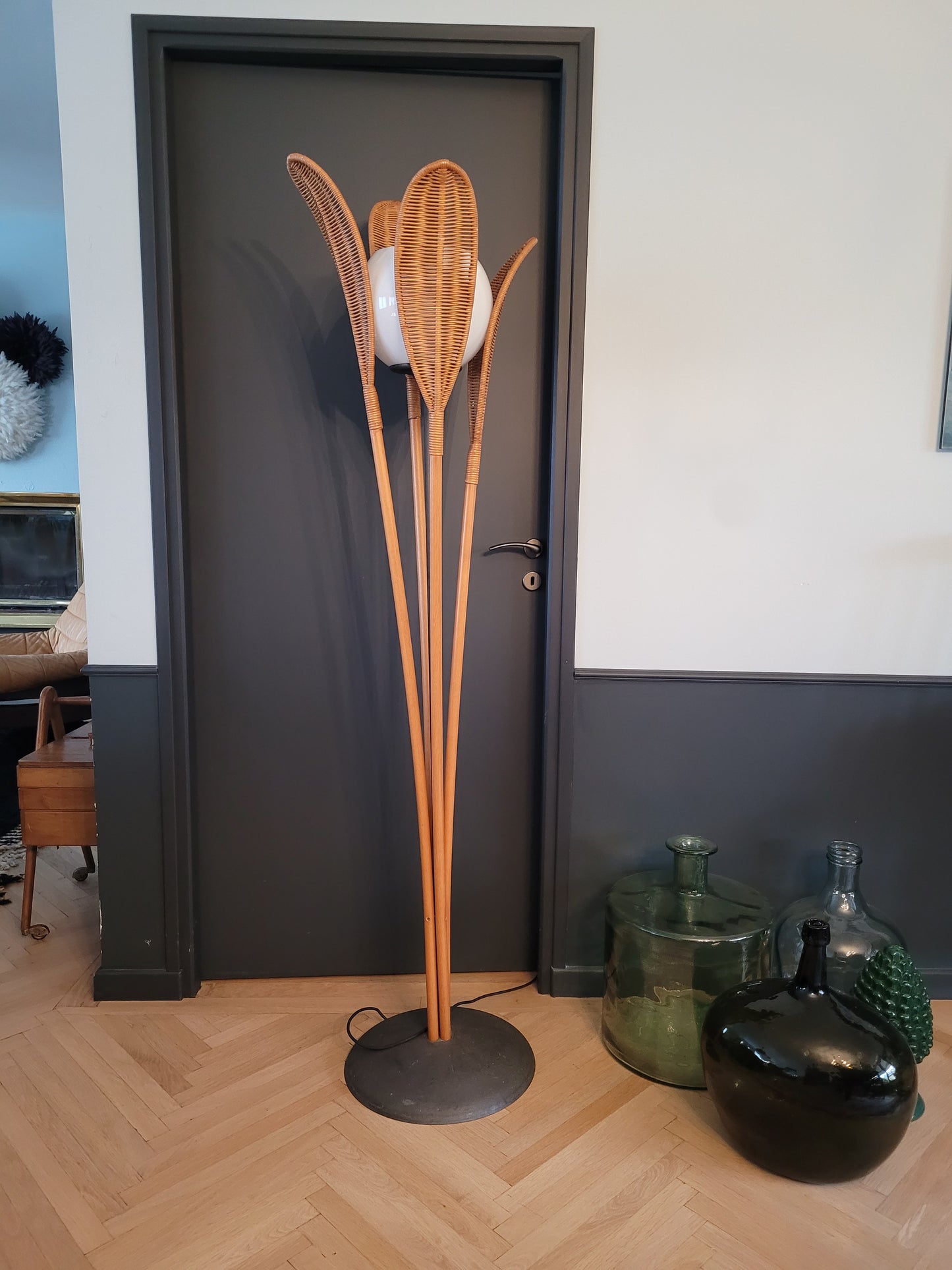 Lampadaire palmier vintage en rotin - Ref 581