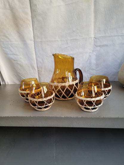 Service à orangeade en verre ambré et osier - Ref 809