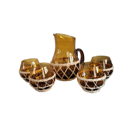 Service à orangeade en verre ambré et osier - Ref 809