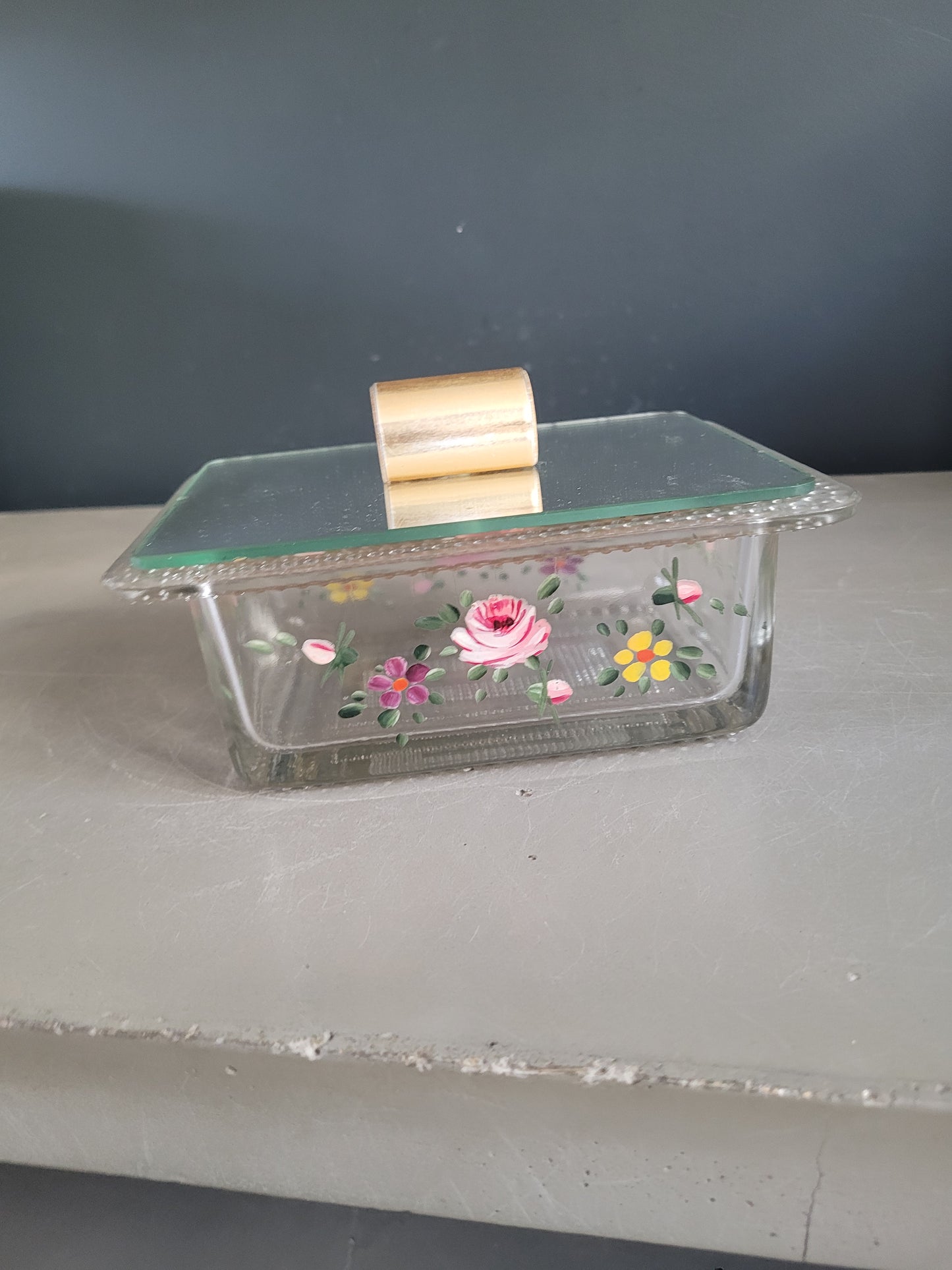 Boîte à sucre en verre peint à la main avec couvercle miroir - Ref 875