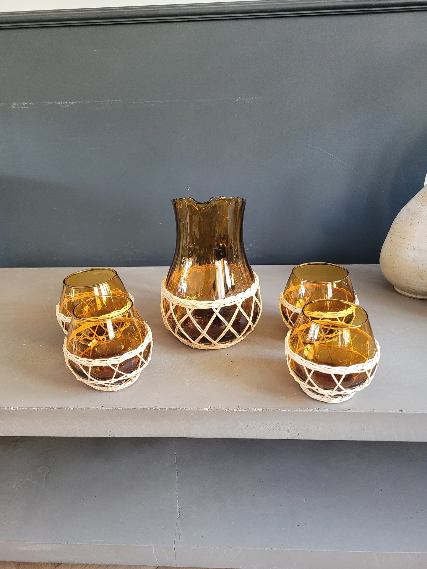 Service à orangeade en verre ambré et osier - Ref 809