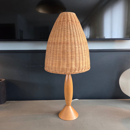 Lampe à poser en hêtre et rotin - Ref 1407