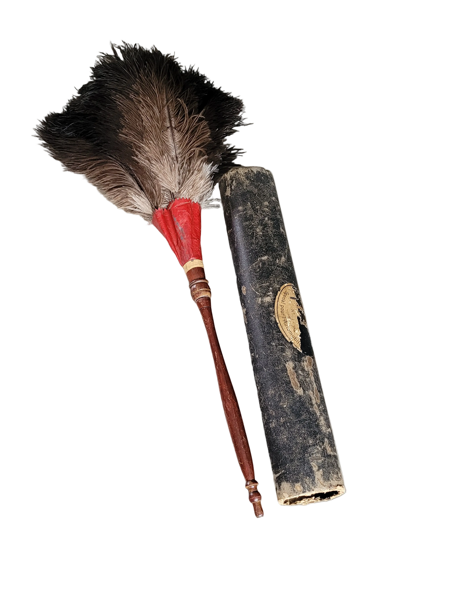 Ancien plumeau d'automobile en plumes d'autruche avec son étui d'origine - Ref 1037
