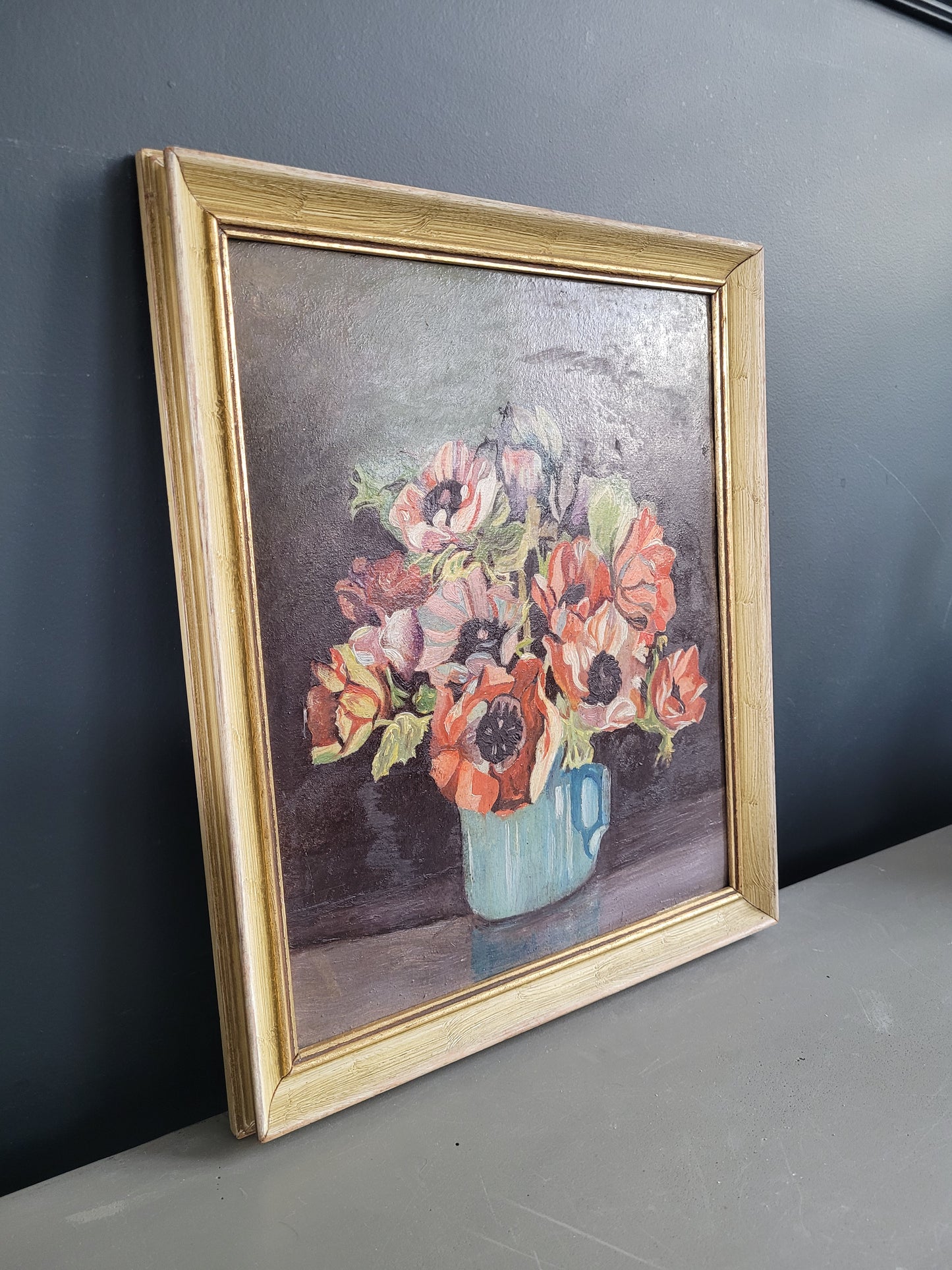 Tableau ancien encadré anémones - Nature morte -  799