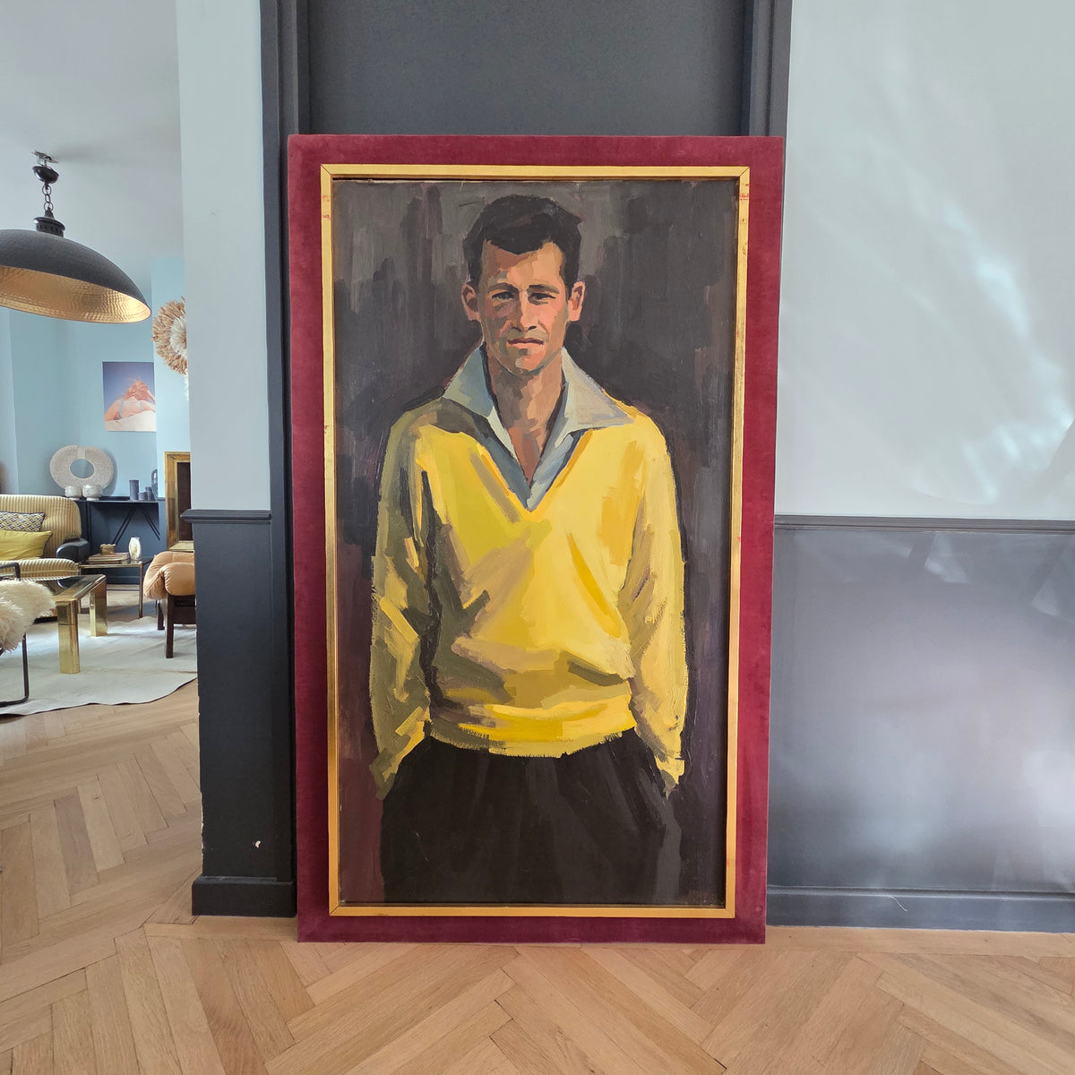 Portrait d'homme au pull jaune,  huile sur toile, signé Aymar - Ref 1425