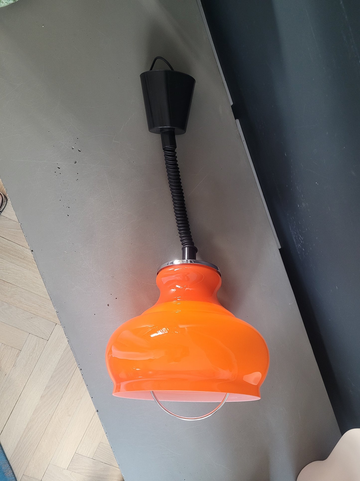 Suspension vintage en verre orange avec système monte et baisse - Ref 968