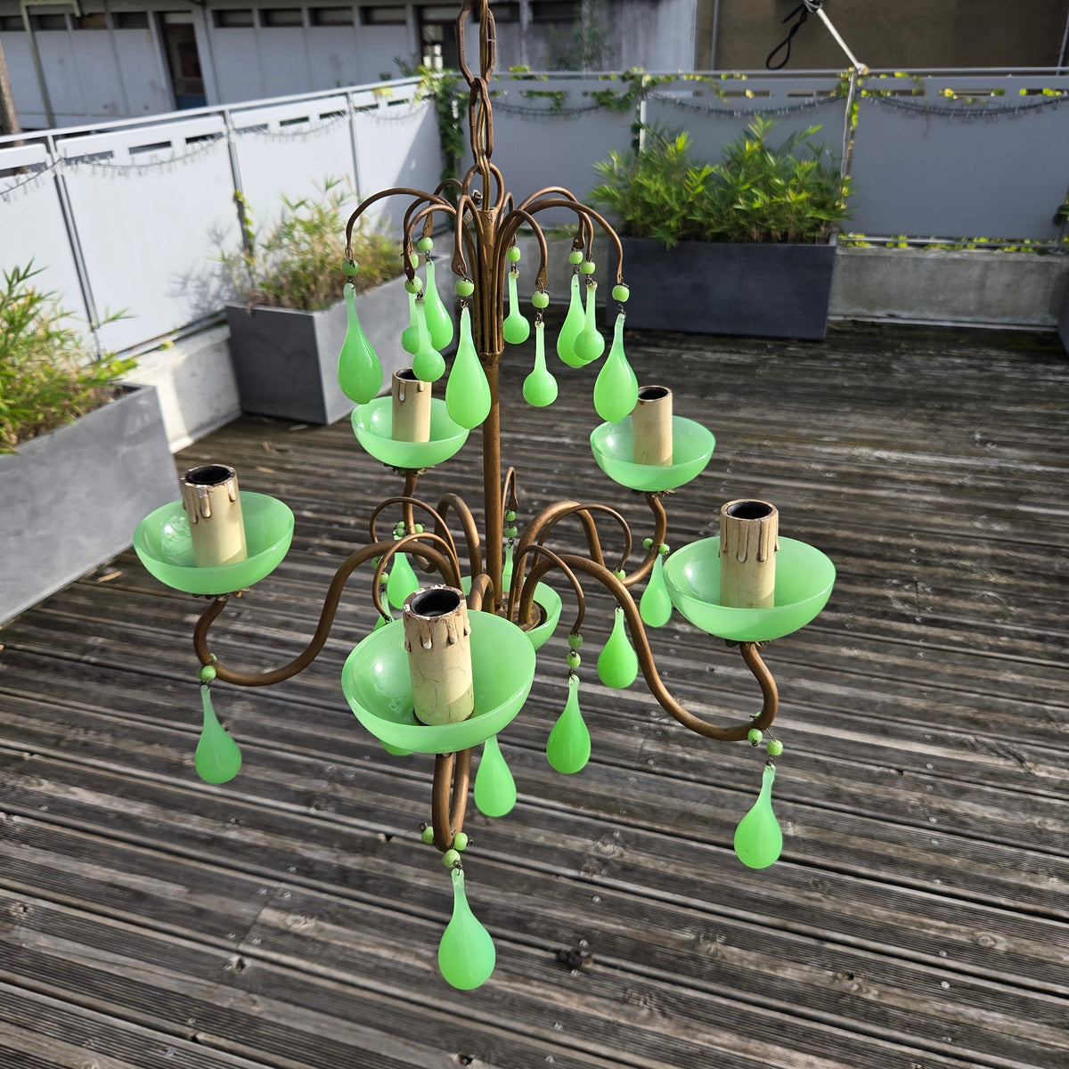 Lustre italien 5 feux en verre opalin vert à l'uranium - ouraline - Ref 1424