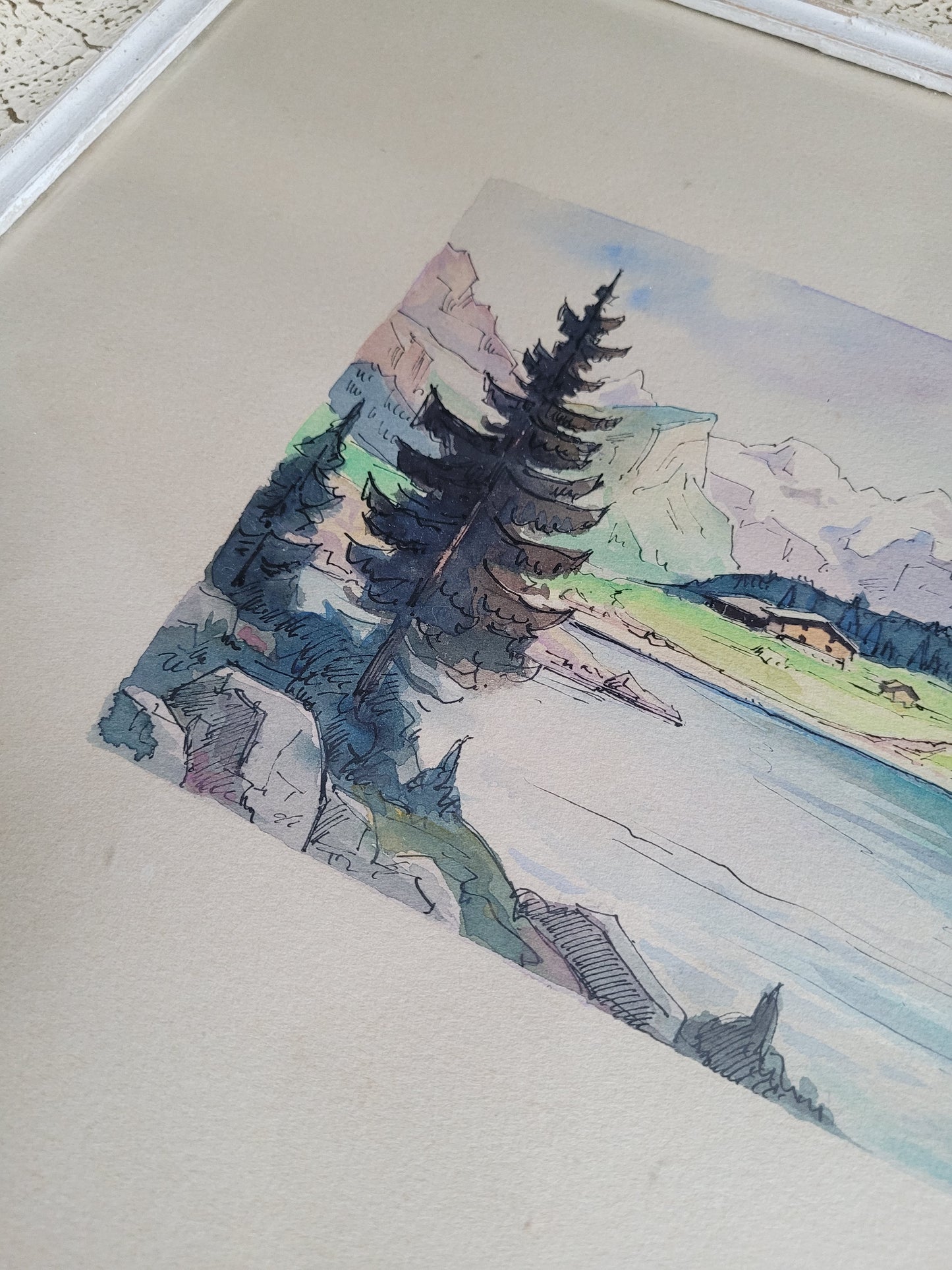 Tableau aquarelle paysage de montagne signé - Ref 384