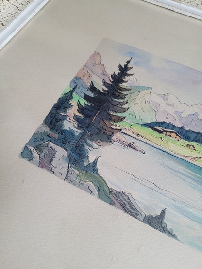 Tableau aquarelle paysage de montagne signé - Ref 384