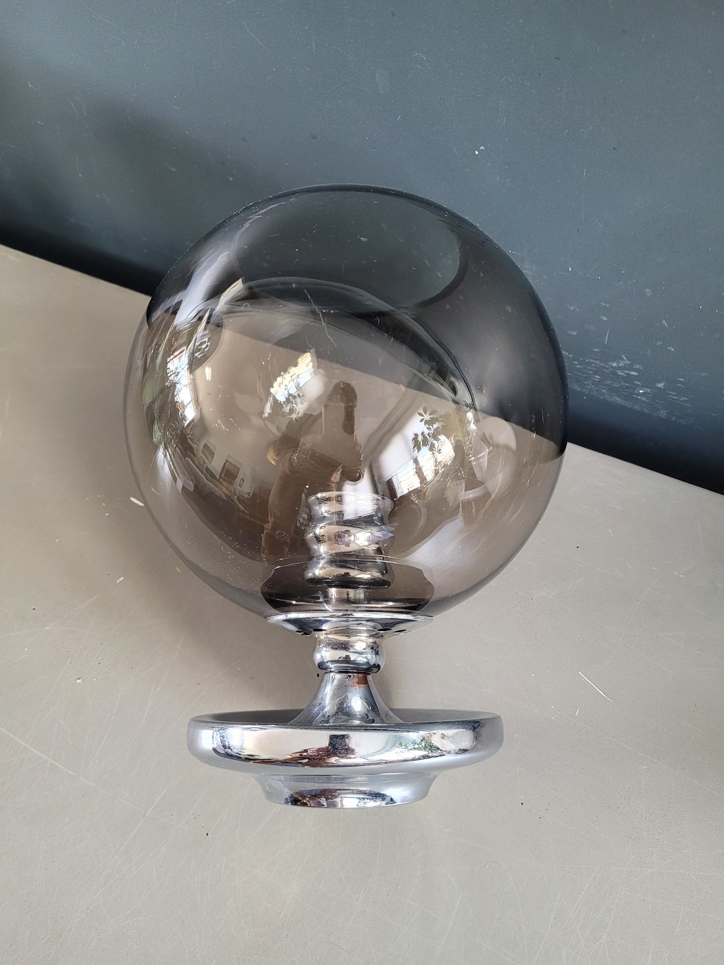 Photophore d'extérieur en verre fumé et chrome - Bougeoir - Ref 816