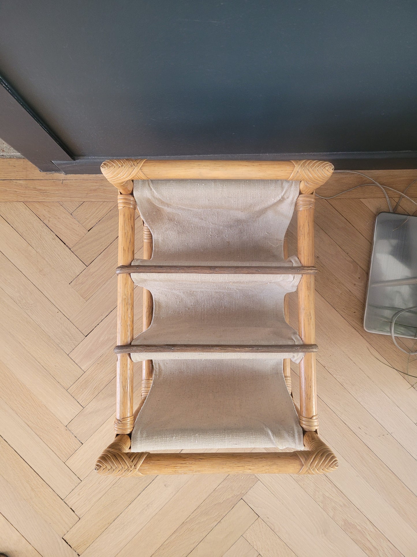 Porte-revues vintage en bambou, rotin et toile - Ref 687