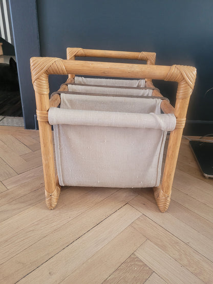 Porte-revues vintage en bambou, rotin et toile - Ref 687