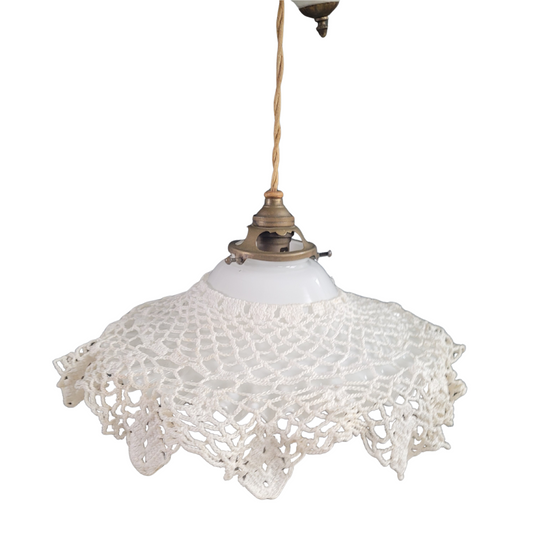 Suspension ancienne à poulies en porcelaine et verre avec abat-jour crochet - Ref 427