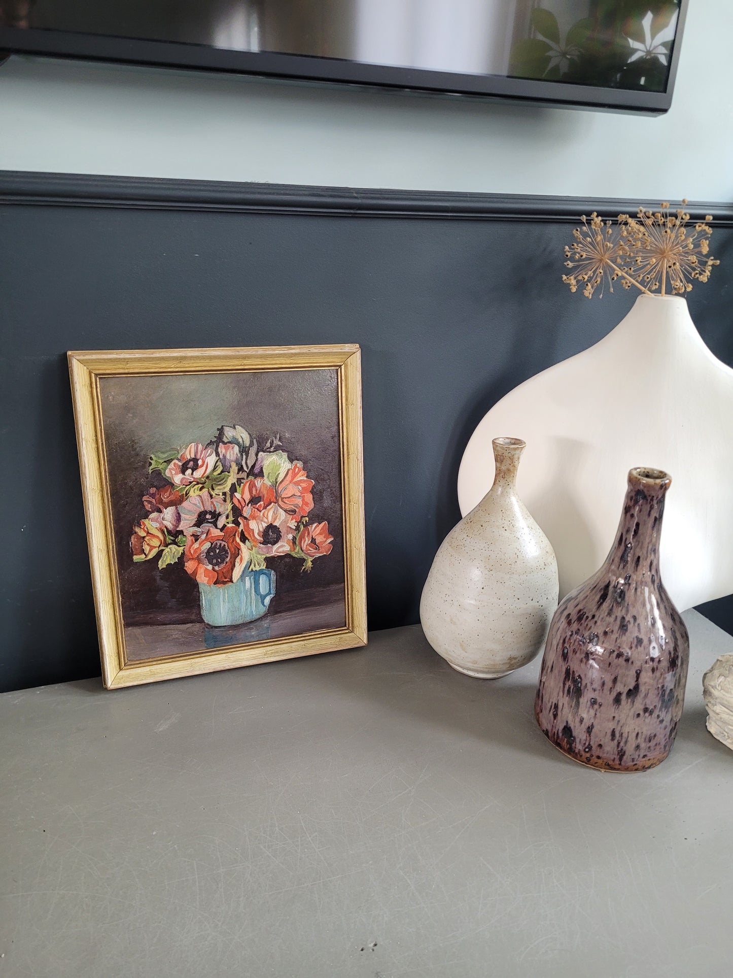 Tableau ancien encadré anémones - Nature morte -  799