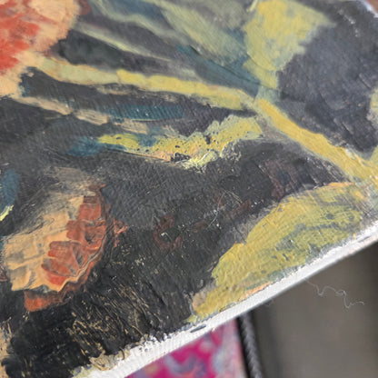 Tableau huile sur toile, jouets sur un fauteuil signé C.L.D. - Ref 1395