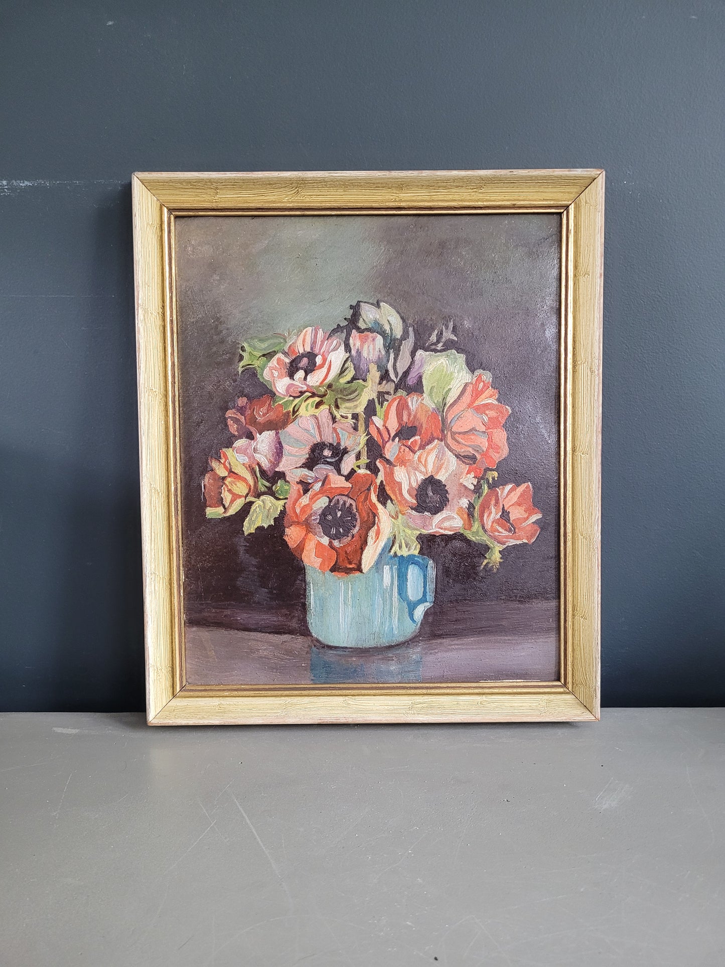 Tableau ancien encadré anémones - Nature morte -  799