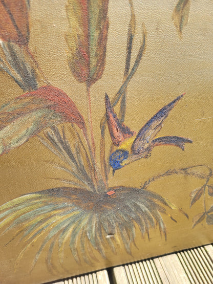 Paravent ancien peint à la main motifs oiseaux - Ref 1235