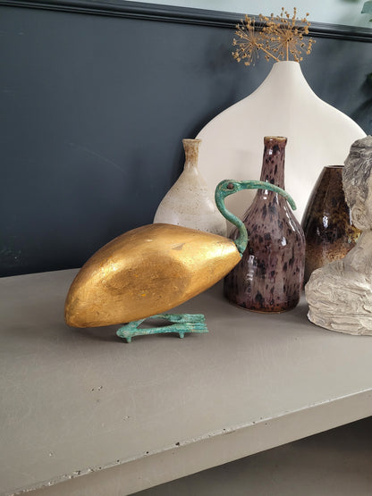 Oiseau décoratif en bois doré et métal vert de gris - Ref 766