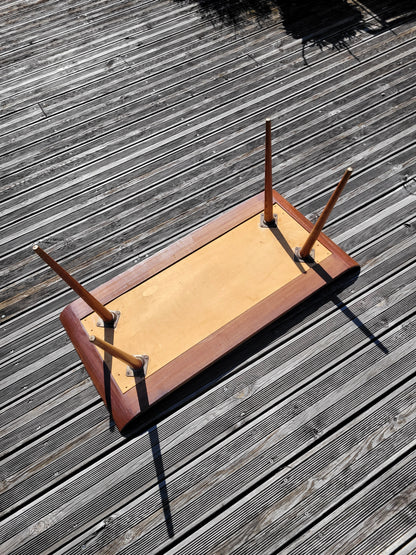 Table basse vintage en teck et mosaïque pieds compas - Ref 881