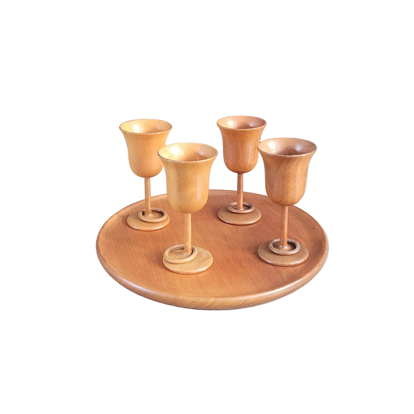 Ensemble 4 verres à liqueur + plateau en bois tourné Clay Compton, Gatlinburg, Tennessee - Ref 889