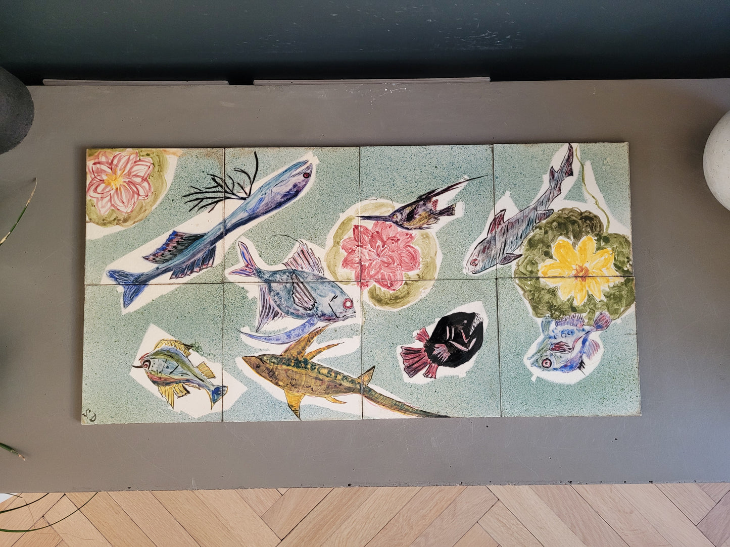 Décor en faïence signé SD - 8 carreaux - REF 745