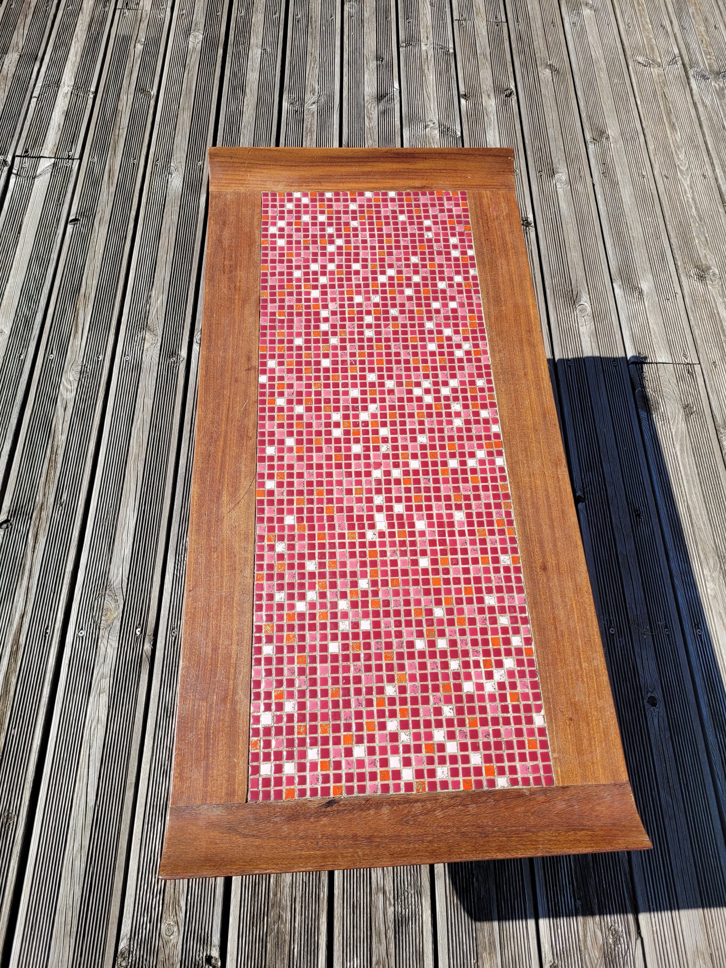 Table basse vintage en teck et mosaïque pieds compas - Ref 881