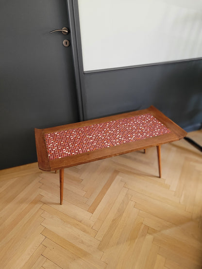 Table basse vintage en teck et mosaïque pieds compas - Ref 881