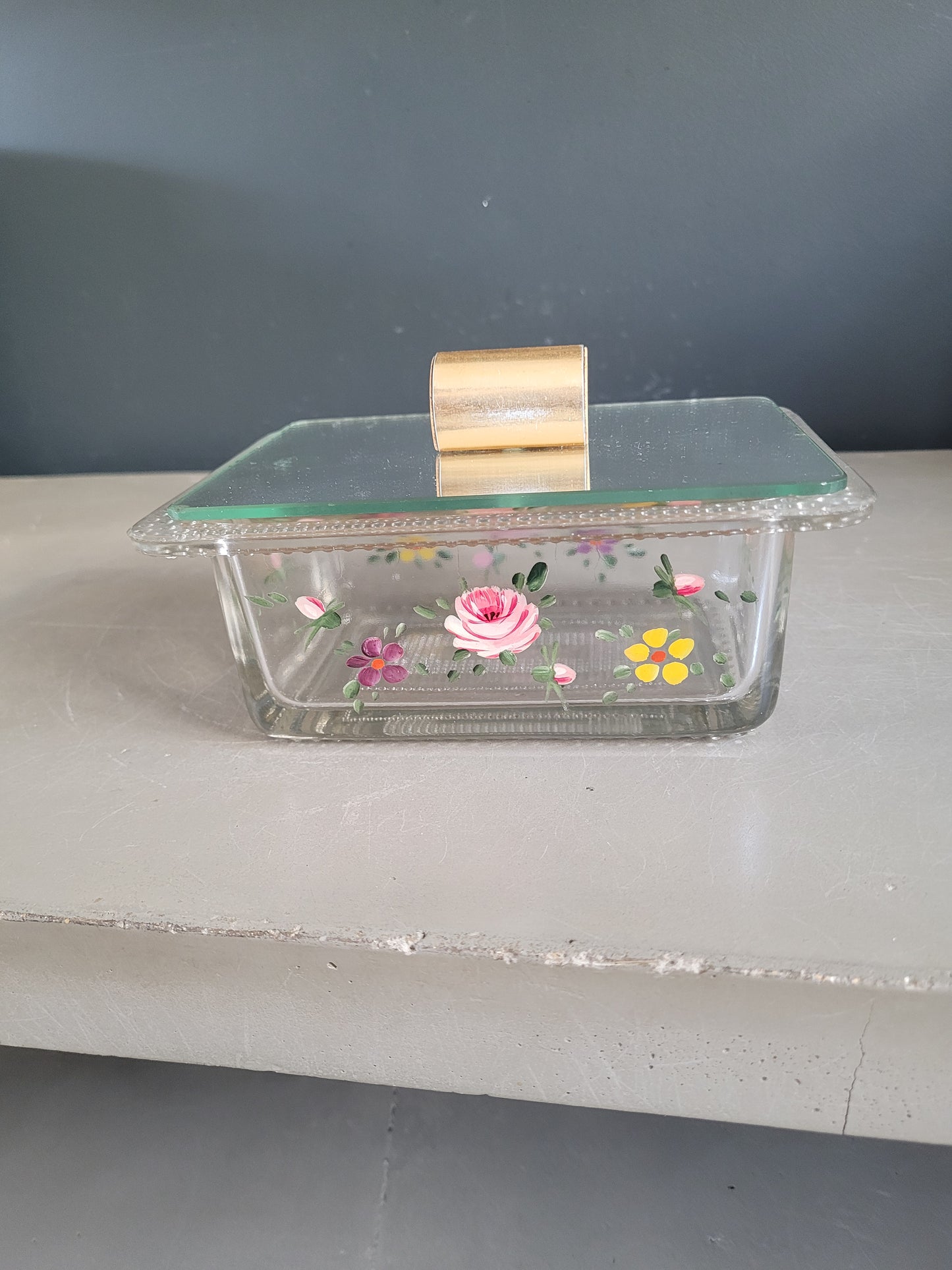 Boîte à sucre en verre peint à la main avec couvercle miroir - Ref 875