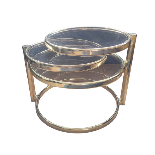 Table basse 3 plateaux en métal doré et verre fumé - Ref 429