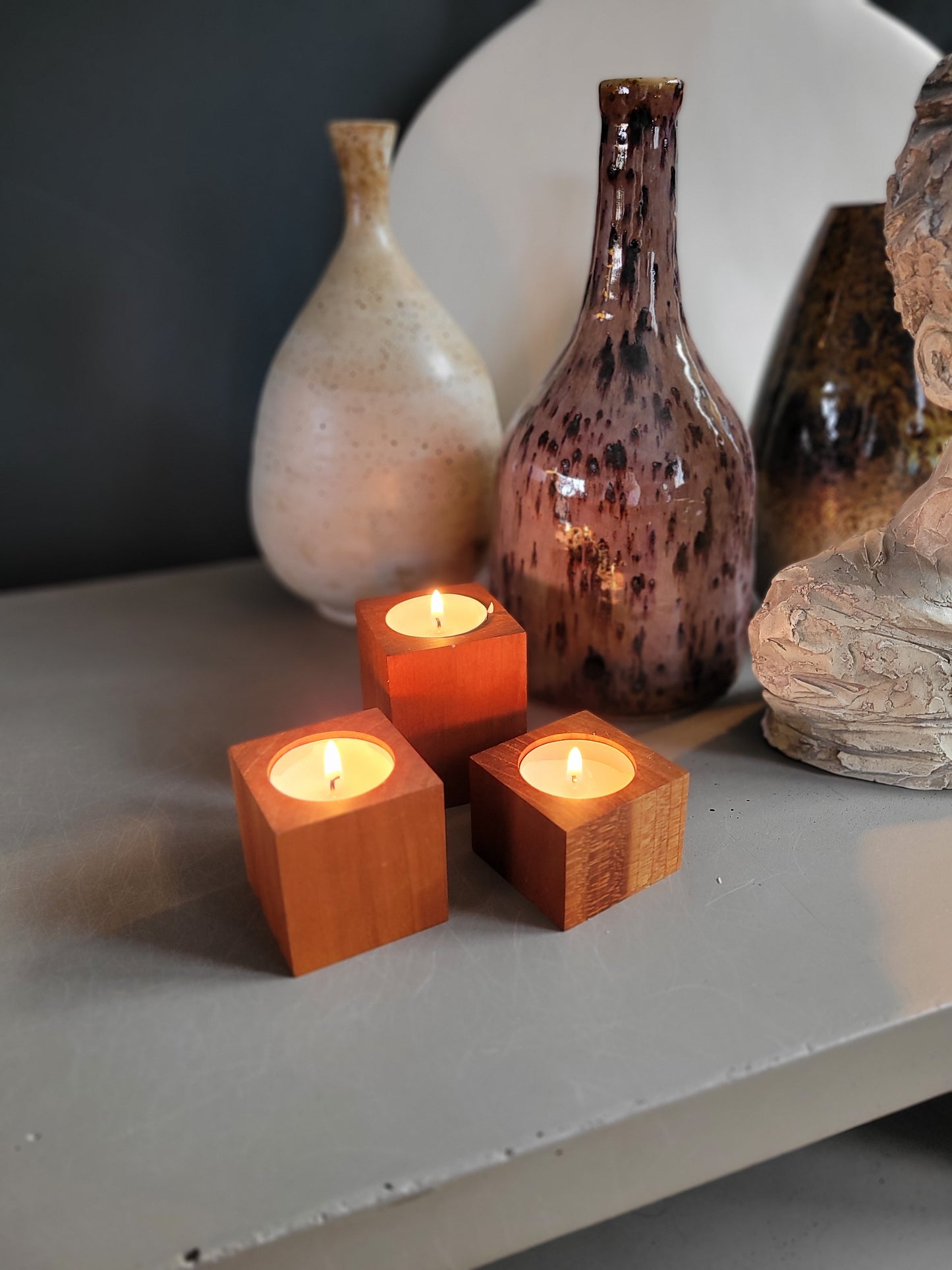 Trio de bougeoirs vintages en teck - Ref 774