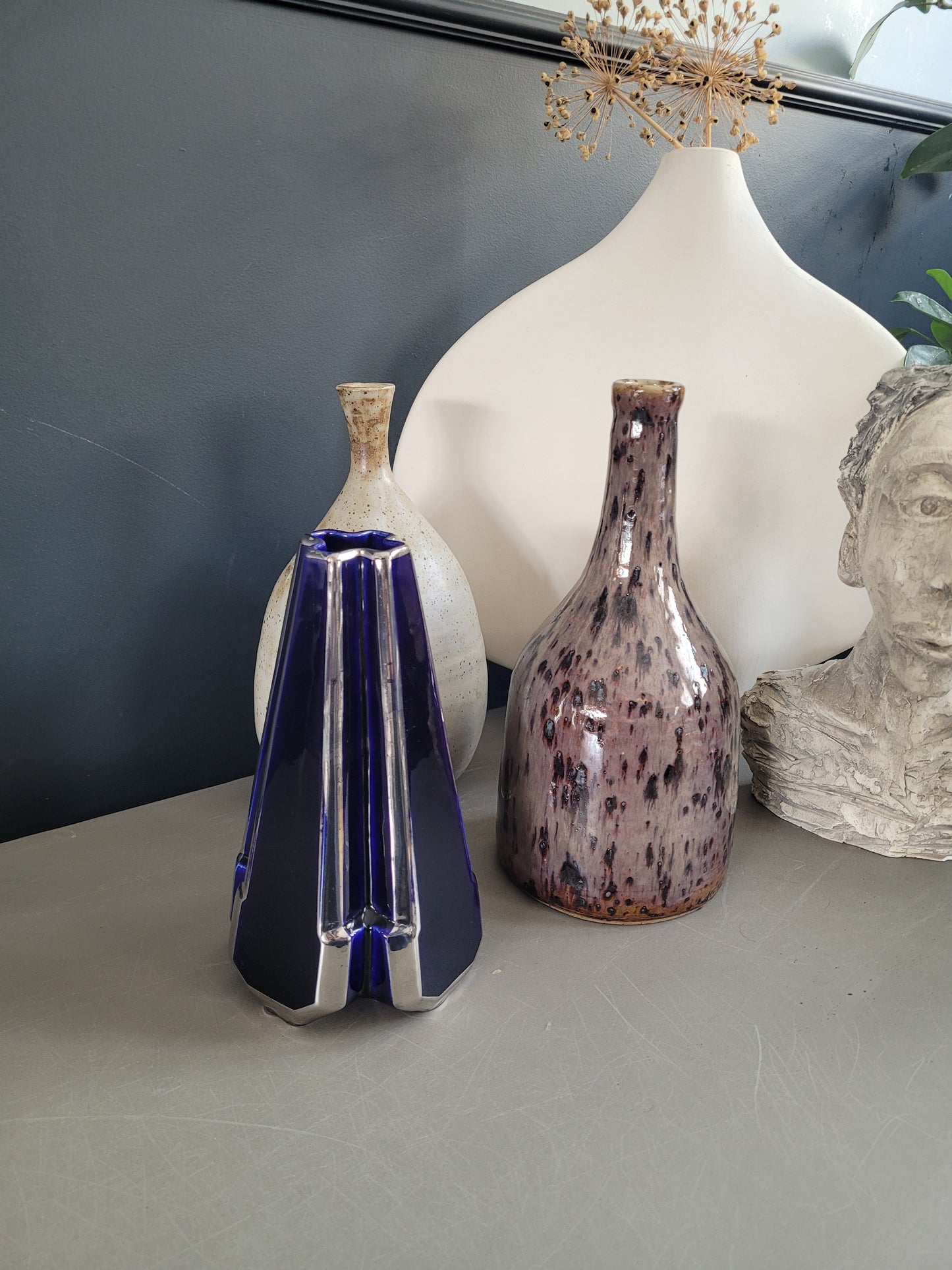 Vase pyramide art-deco Moulin des Loups & Hamage Nord - bleu et argent - Ref 959